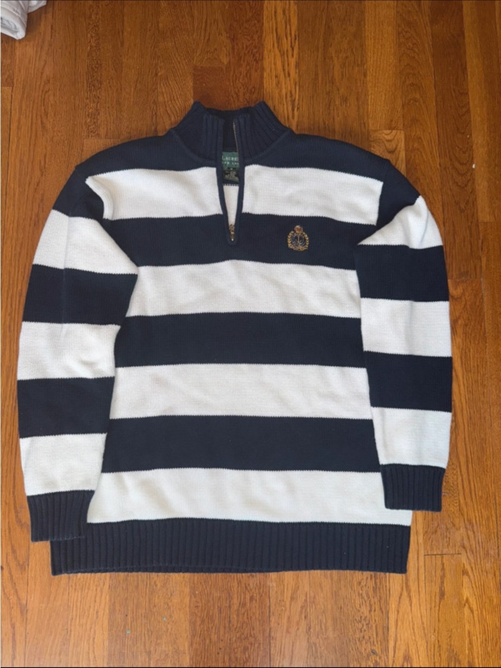 Ralph Lauren Navy and White Striped Half-Zip Sweater